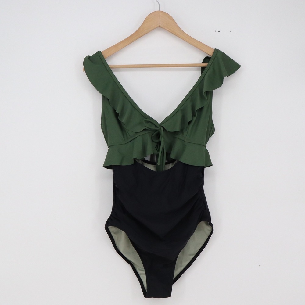 Eomenie One Piece Swimsuit Women M Ruffle V-Neck Colorblock Green Black